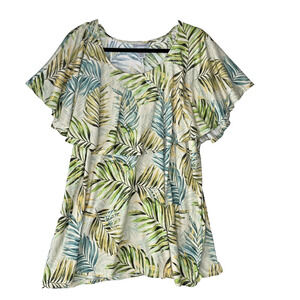 Catherines Top Blouse Plus Size 2X Green Yellow Floral Palm Leaves Short Sleeves